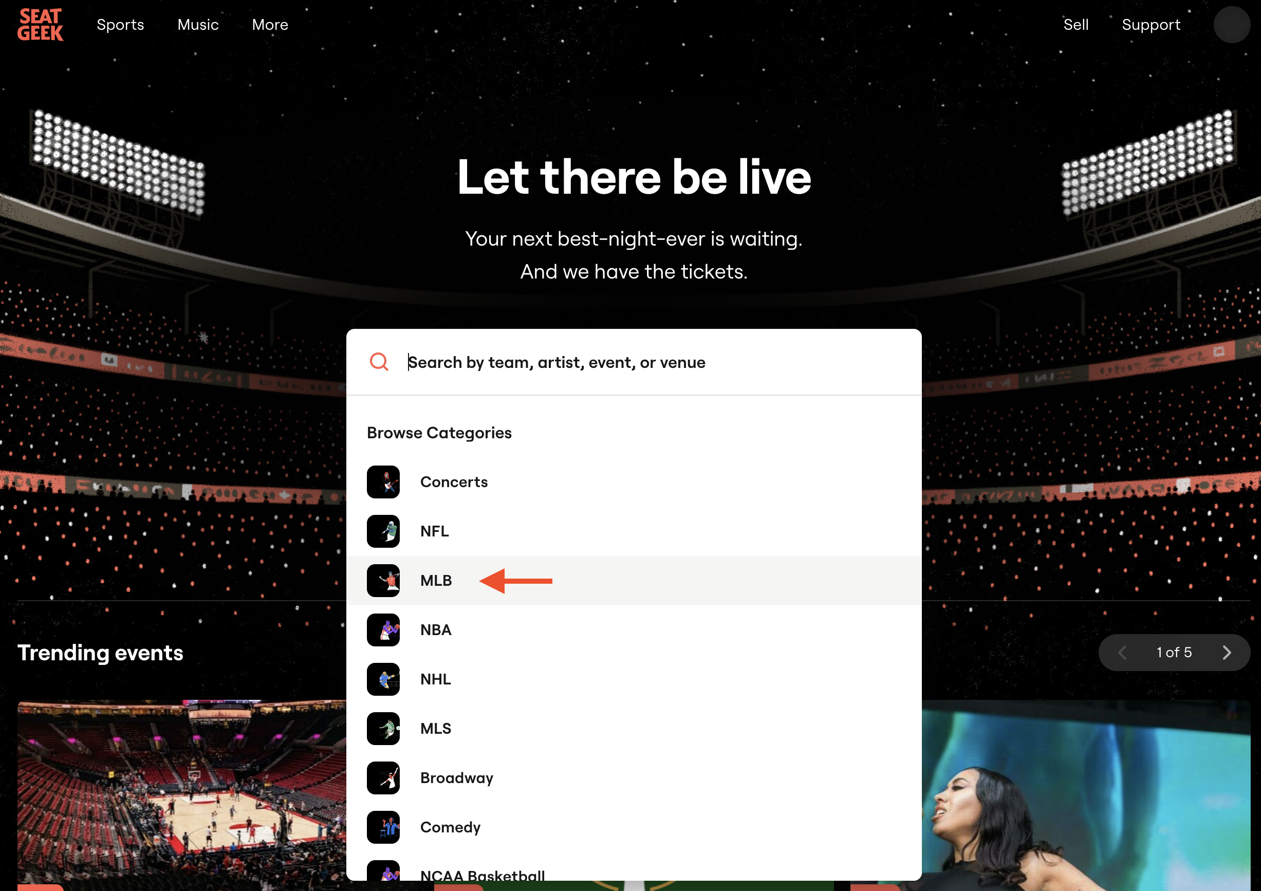 SeatGeek search bar