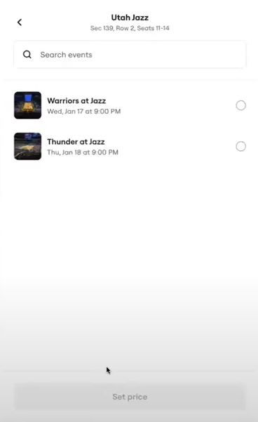 Specific tickets separated by event