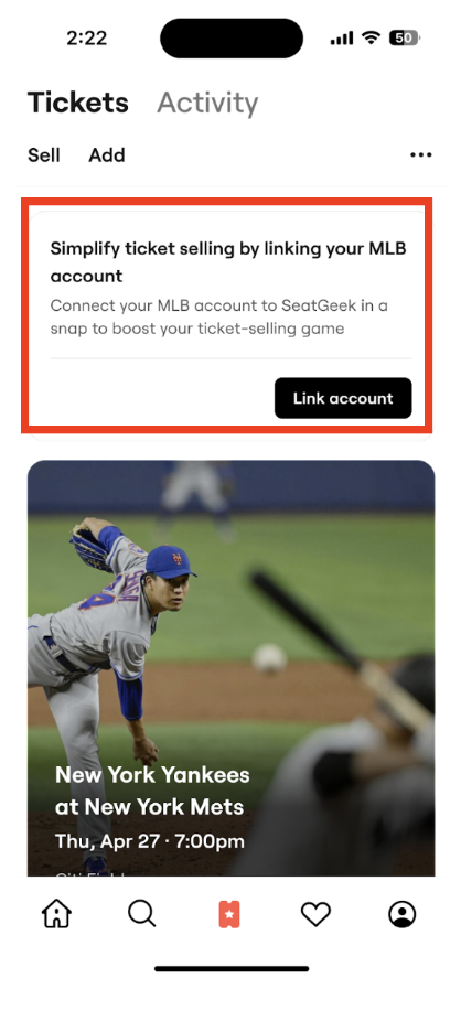 tickets section with linking banner