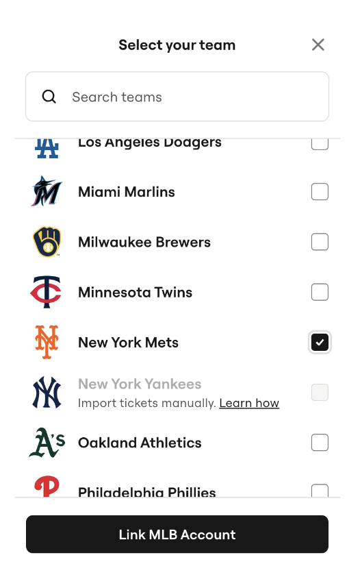 menu of MLB Clubs