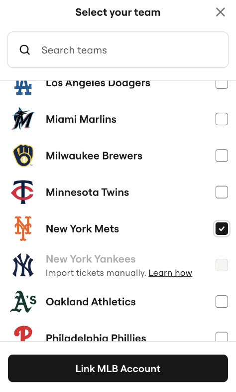 menu of MLB Clubs