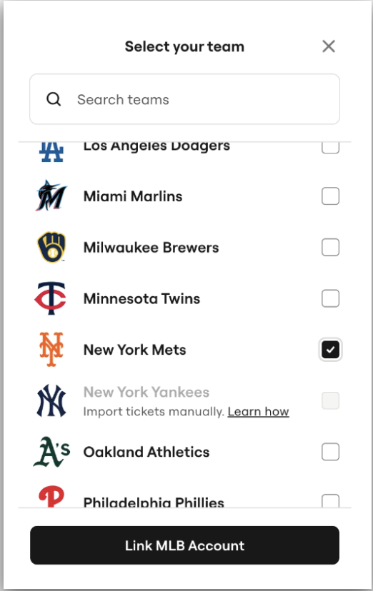 menu of MLB Clubs