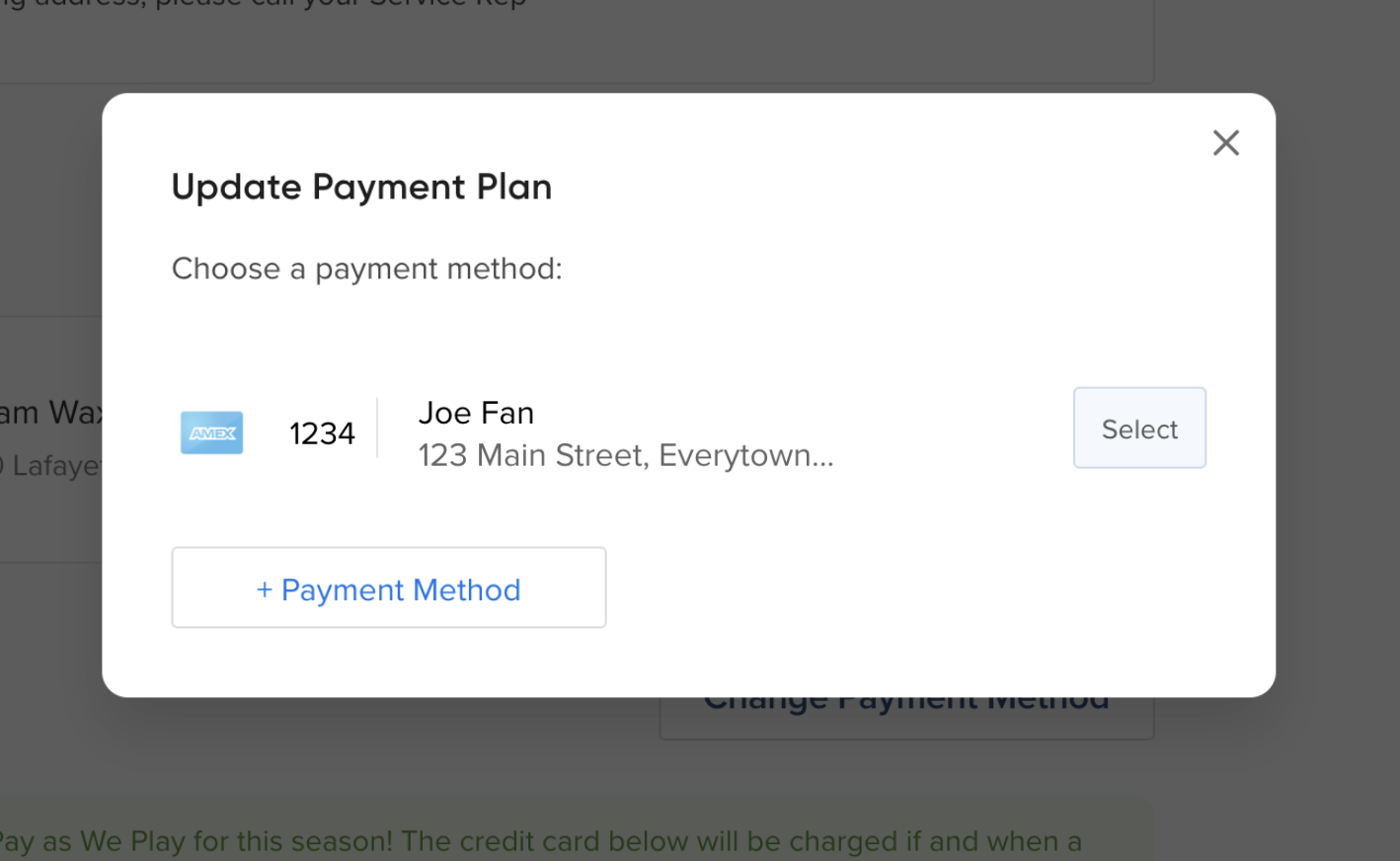 Add or update payment method screen