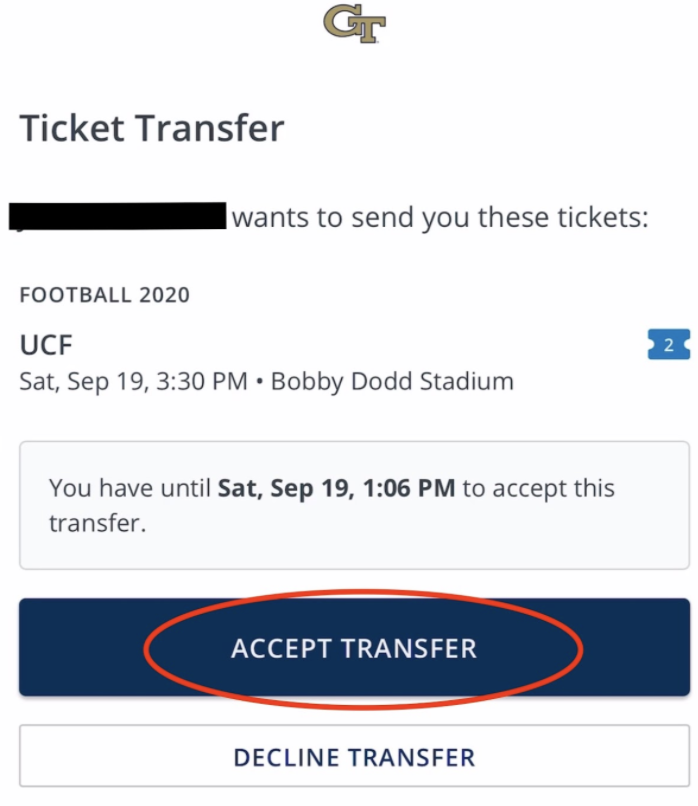 Screen image prompting user to accept transfer of tickets