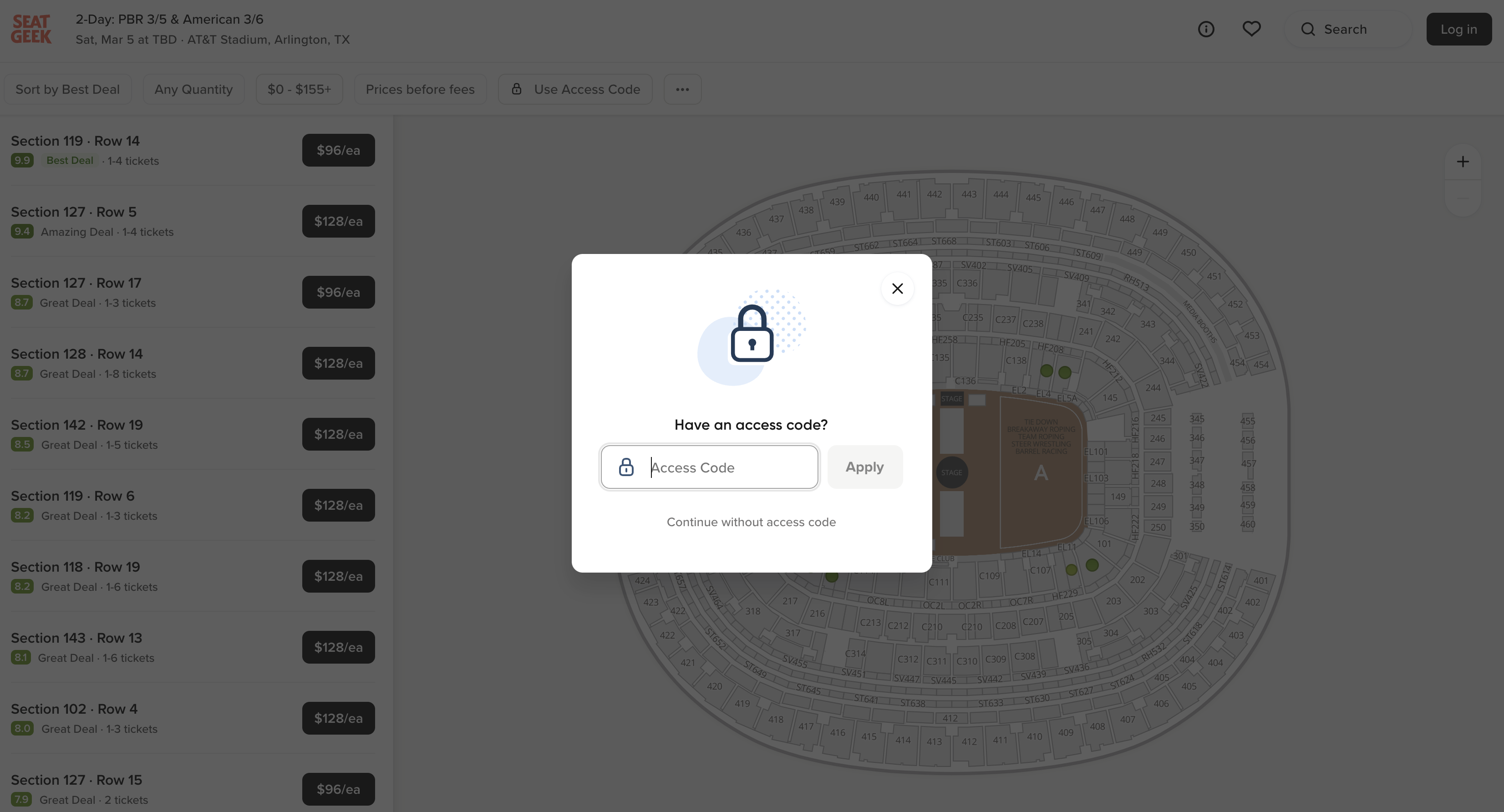 Pantalla de entradas del evento