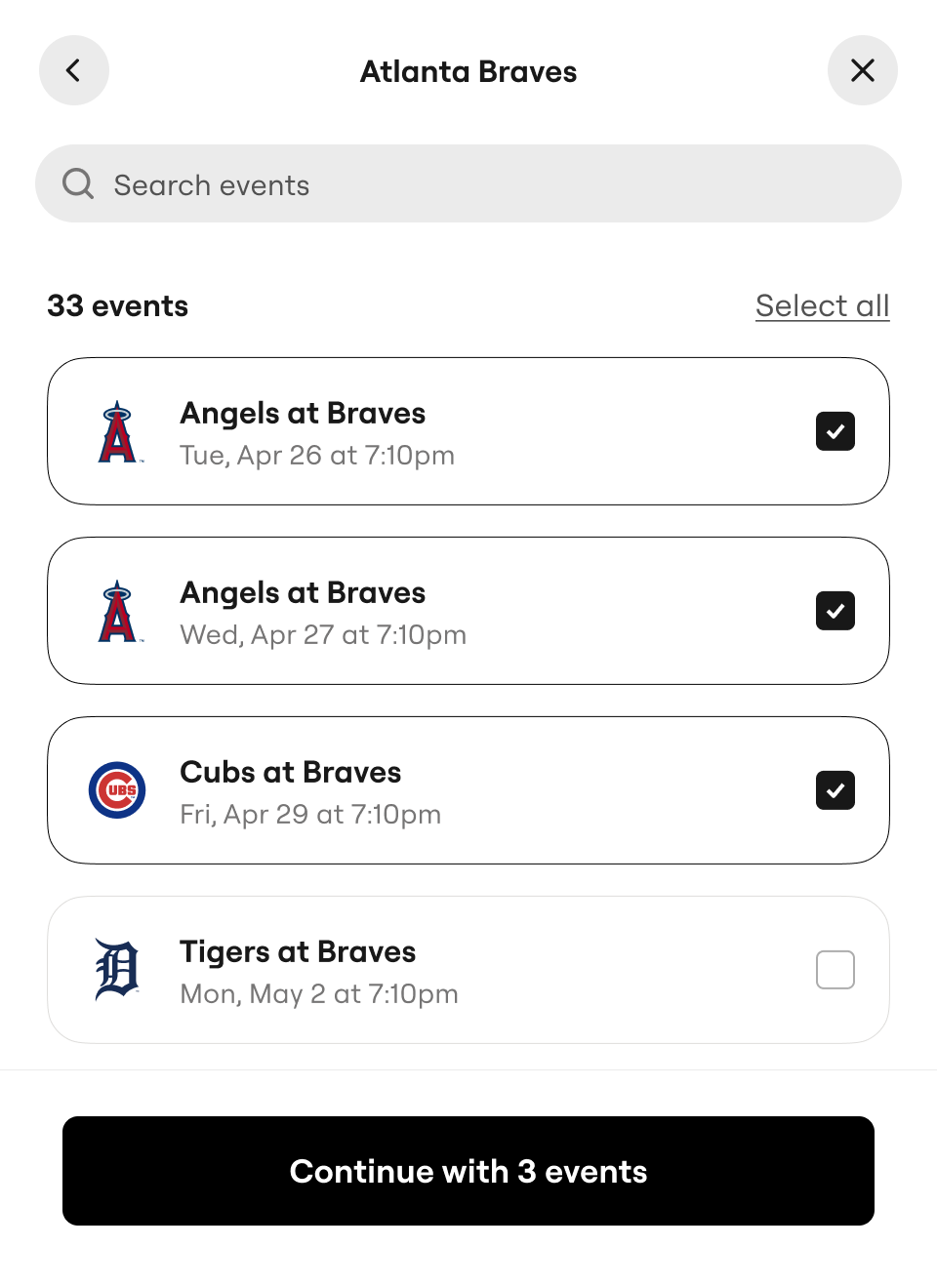 selecting events