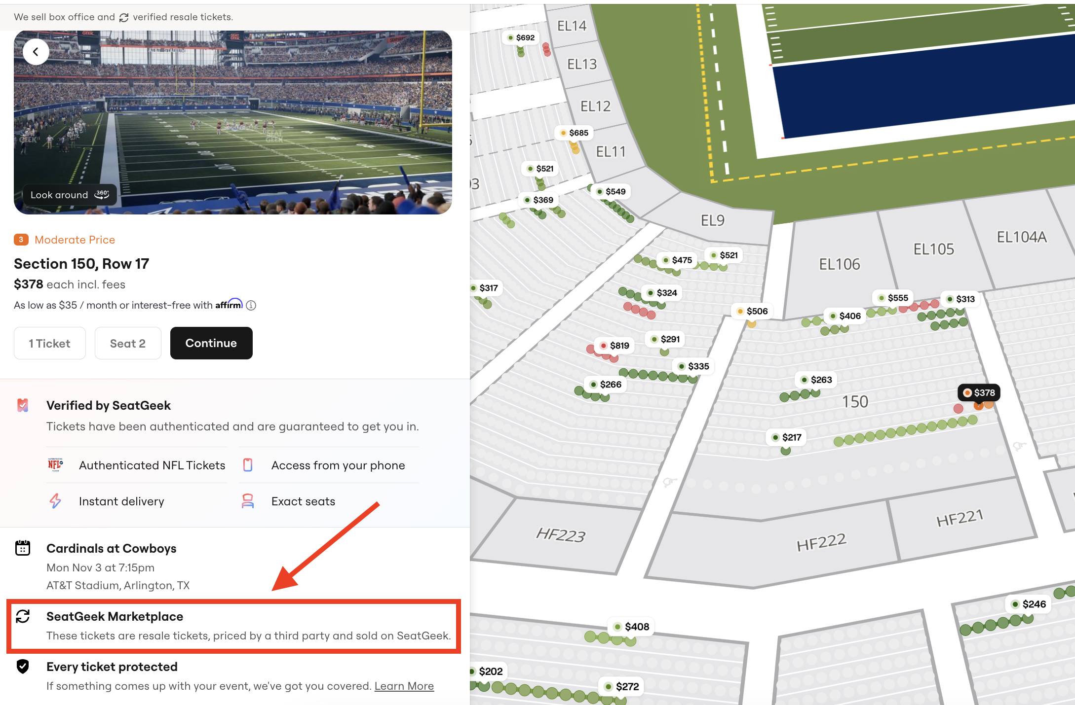 SeatGeek Marketplace resale listing