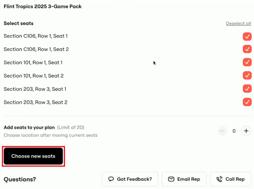 Choose new seats button and screen