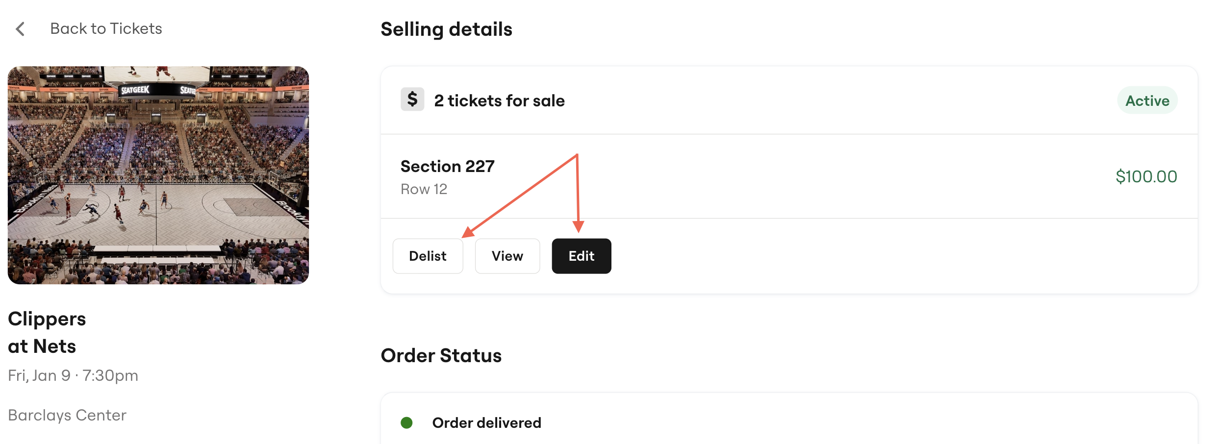 Edit and Delist buttons