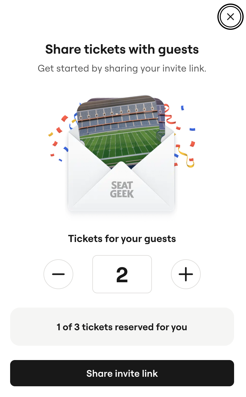Quantity selector and share invite link